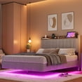 thumbnail image 3 of ChaoLink Queen Bed Frame Bed Frame, Floating Platform Bed with Headboard, LED Lights, Charging Ports, Modern Upholstered Bed frame with Sturdy Wood Slats, No Box Spring Needed, Easy Assembly, 3 of 7