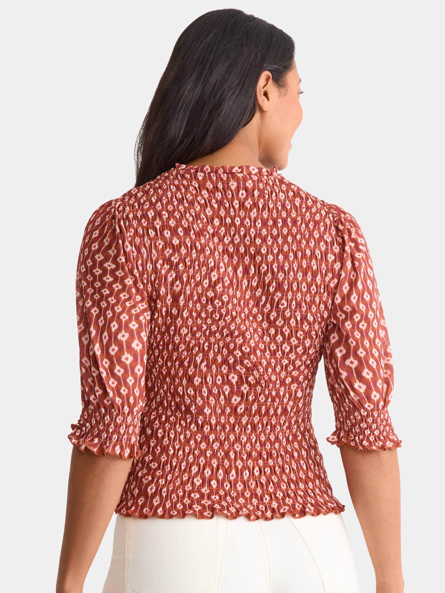 Time and Tru Women's Smocked Mesh Top, Sizes XS-XXXL