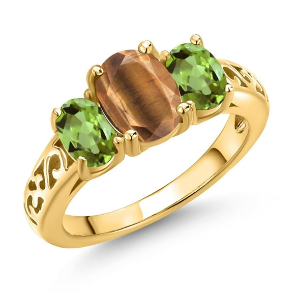 Gem Stone King 18K Yellow Gold Plated Silver Brown Tiger Eye and Green Peridot Filigree Style 3 Stone Ring for Women (2.25 Cttw, Oval 8X6MM and 6X4MM, Size 7) (Size 7)