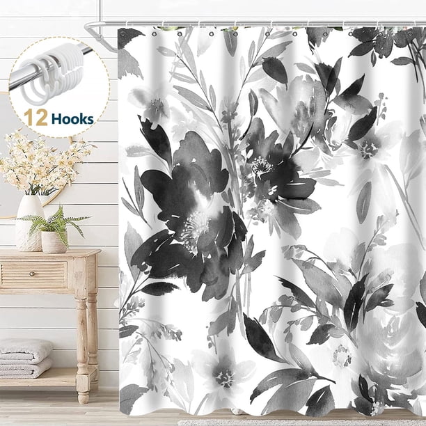 Cortina de ducha de tela floral negra Dznils, cortina de baño de acuarela moderna con ganchos, 72" x 72"