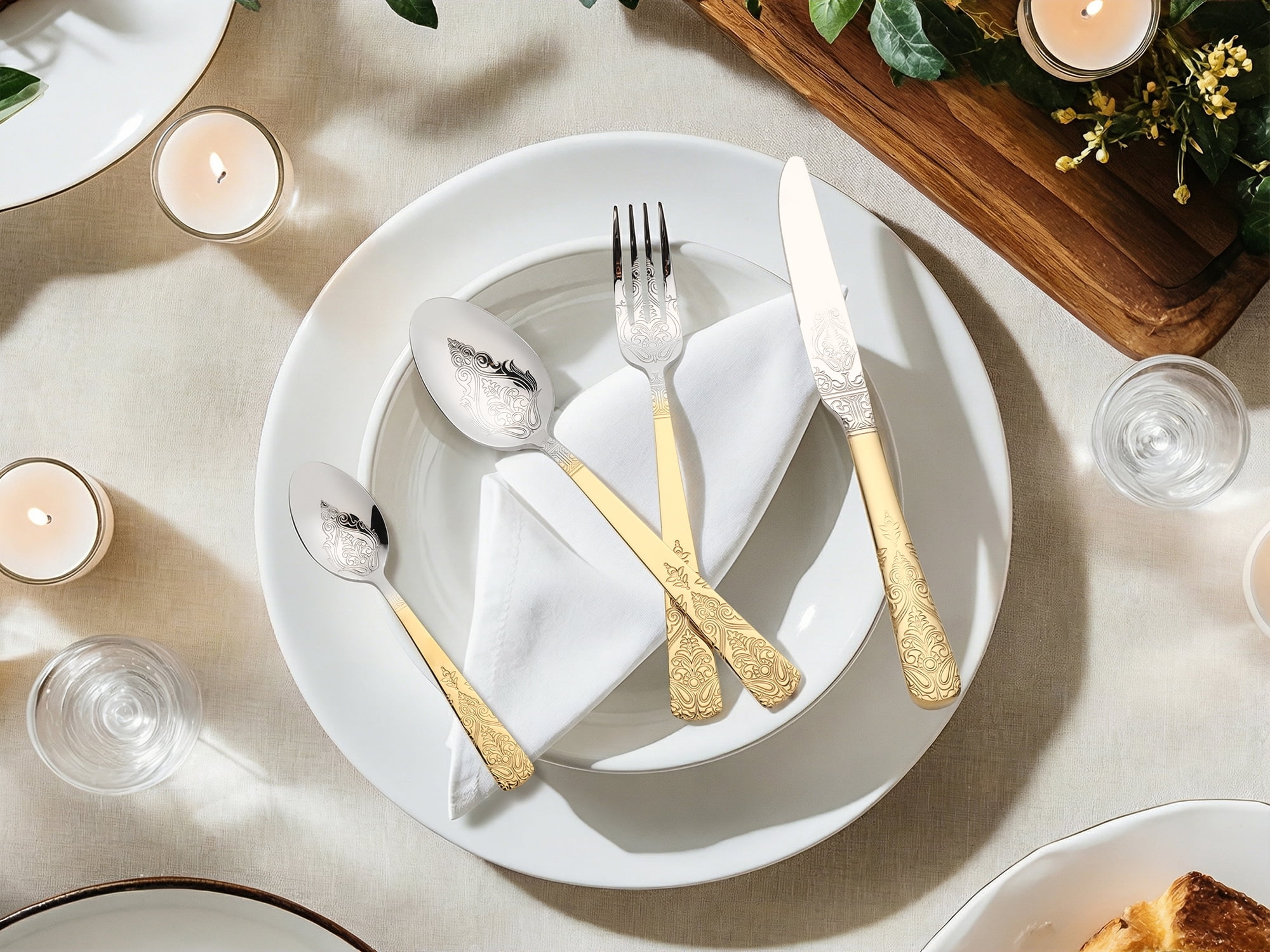 Unique Bargains Stylish and Durable Stainless Steel Floral Flatware Set Gold/Silver 4pcs