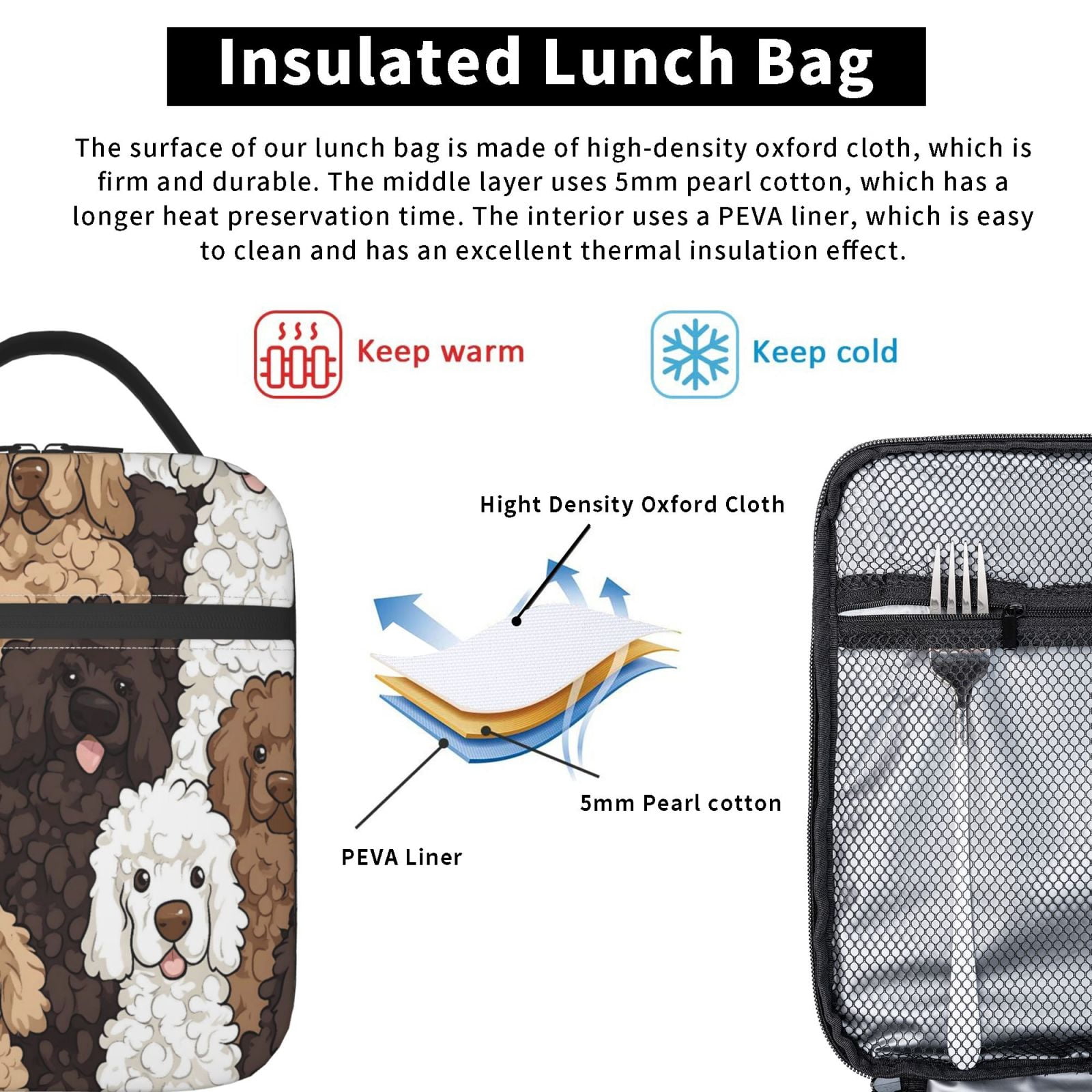 Lunch Bag For Women Men Insulated Portable Lunch Box Bento Box Office Picnic Travel Cooler Bag Curly-Haired Dog