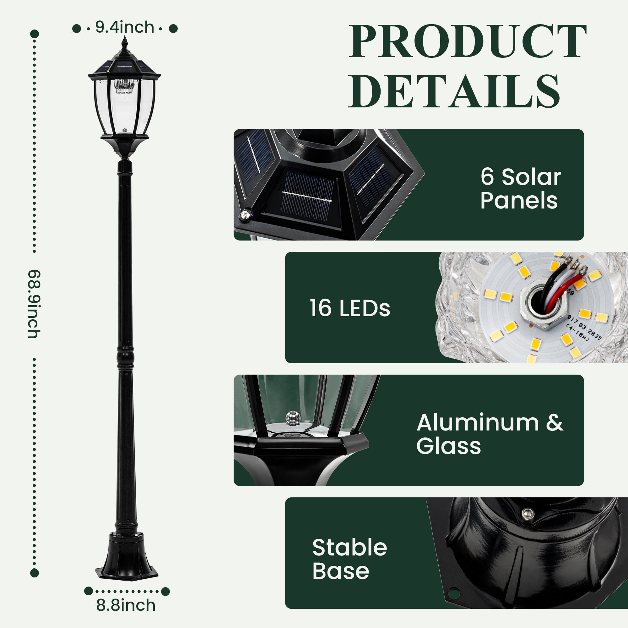 FKHouse 69" Black Metal Outdoor Garden Solar Lamp Post Light, Weather-Resistant
