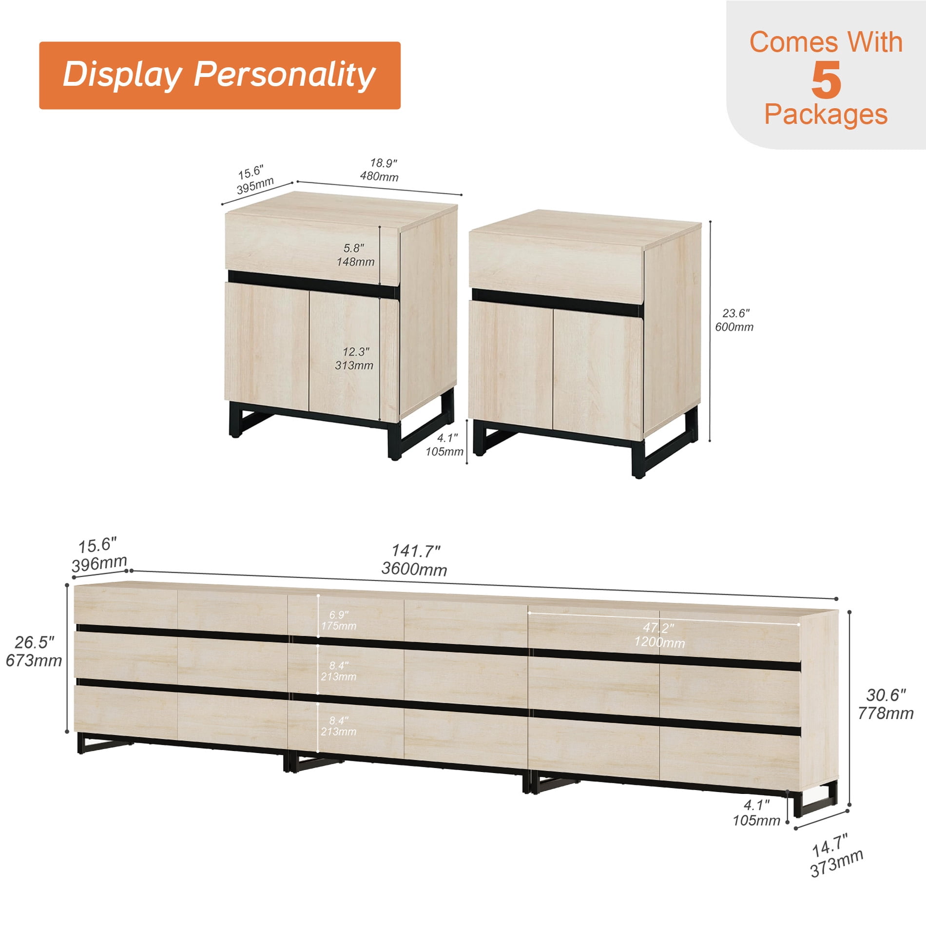 WAMPAT Modern 5-Piece Bedroom Furniture Set, 142 Inch Dresser with 18 Drawers & 2 Nightstands with Drawer and Cabinet Design, Beige