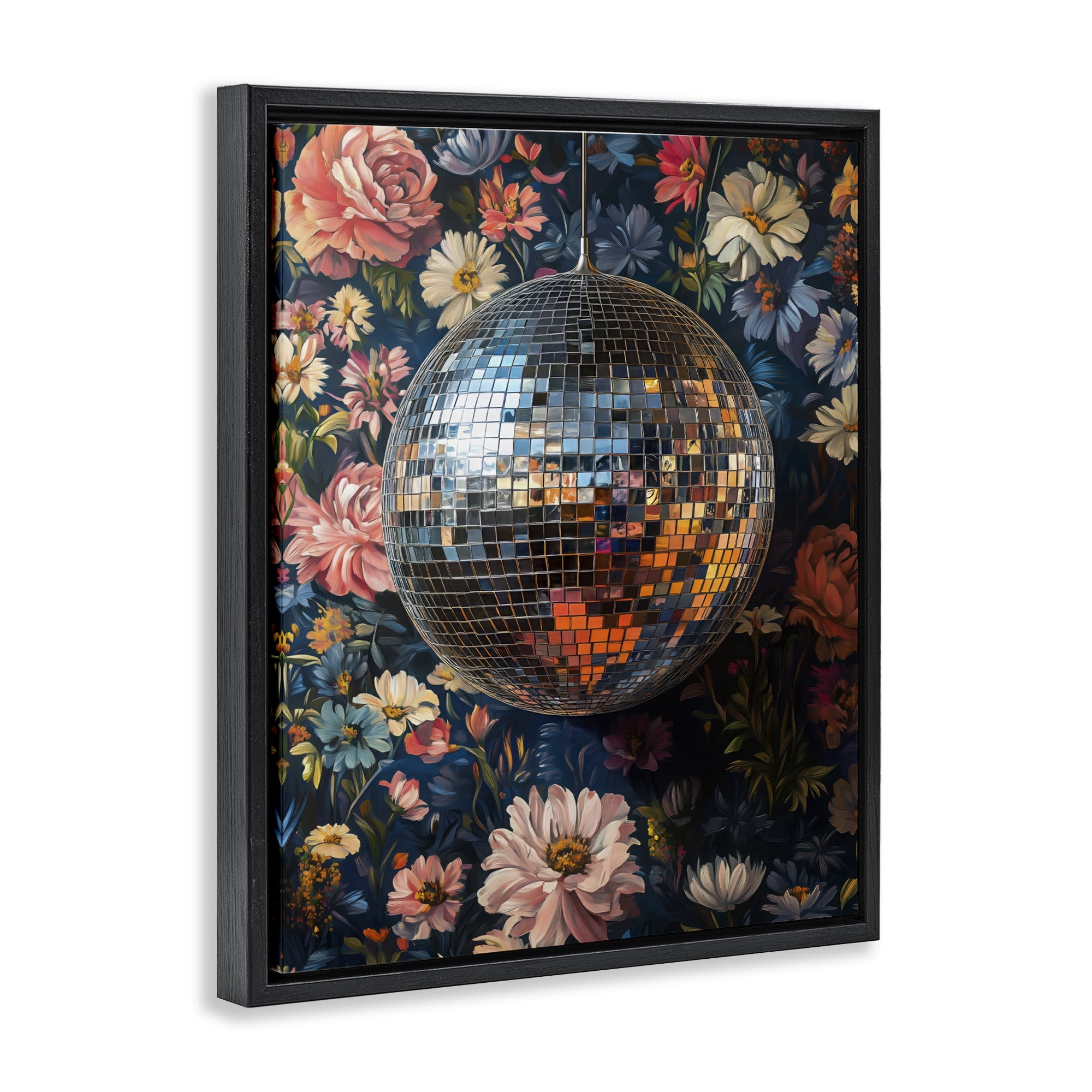 Stupell Industries Floral Disco Ball Reflection Black Framed Floater Canvas Wall Art, design by LSR Design Studio