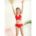thumbnail image 5 of Girl's 3 Piece Solid Color Criss Cross Bikini Set Swimsuit High Waisted Bathing Suit with Beach Skirt, 5 of 10