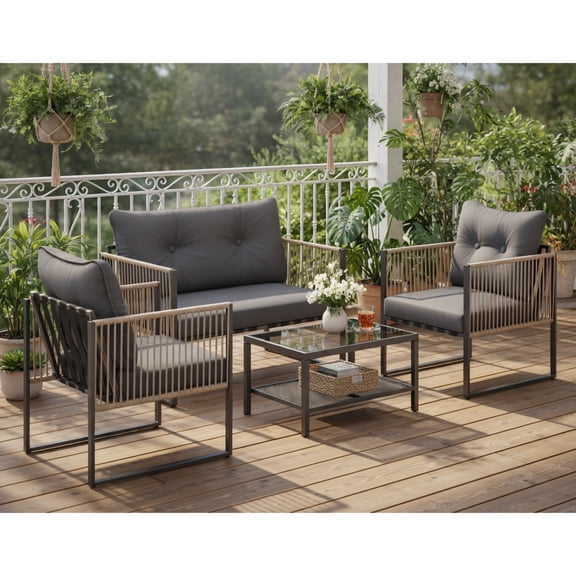 Resenkos 4-Piece Outdoor PE Rattan Patio Furniture Set – Grey Cushioned Sofa Set with Loveseat, 2 Chairs & Tempered Glass Coffee Table for Backyard, Balcony & Porch