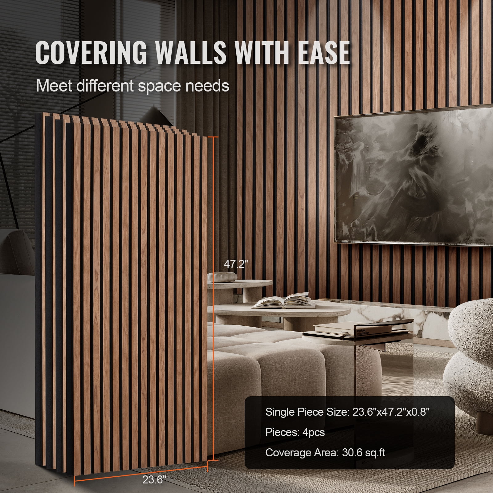VEVOR Wood Slat Acoustic Panels, 23.6 x 47.2 inch, MDF Accent Wooden Wall Panels for Modern Interior Wall, Faux Wood Wall Board Panels for Stylish Decor and Noise Reduction, Walnut