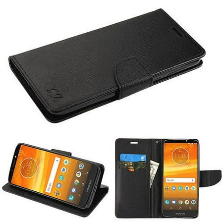 Motorola Moto E5 Plus, E5 Suprae - Leather Flip Wallet Case Cover Stand Pouch Book Magnetic Buckle BLACK