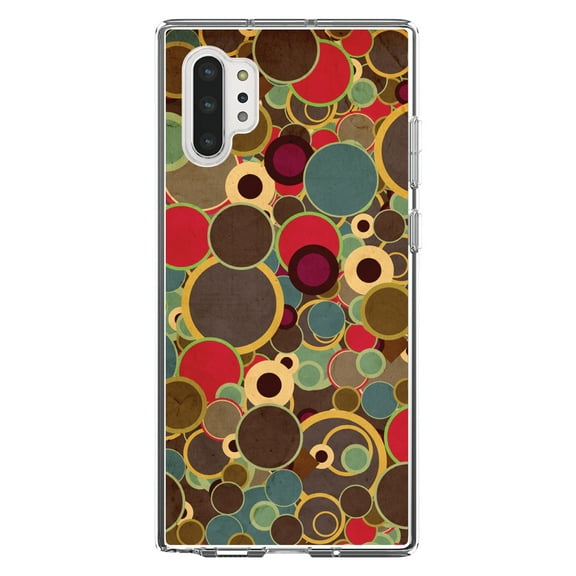 DistinctInk Clear Shockproof Hybrid Case for Galaxy Note 10 PLUS (6.8" Screen) - TPU Bumper, Acrylic Back, Tempered Glass Screen Protector - Brown Red Yellow Circles - Relive the 80's