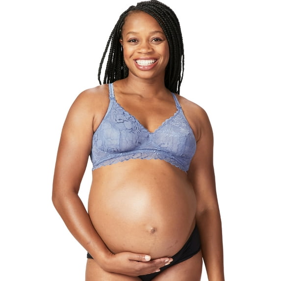 Cake Maternity Chantilly Busty Wire Free Lace Nursing Bralette for Breastfeeding, Wireless Maternity Bra (for E-G Cups), Blue, X-Large