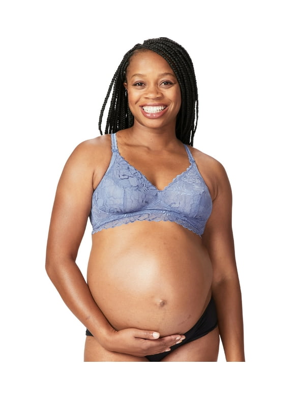 Cake Maternity Chantilly Busty Wire Free Lace Nursing Bralette for Breastfeeding, Wireless Maternity Bra (for E-G Cups), Blue, Medium