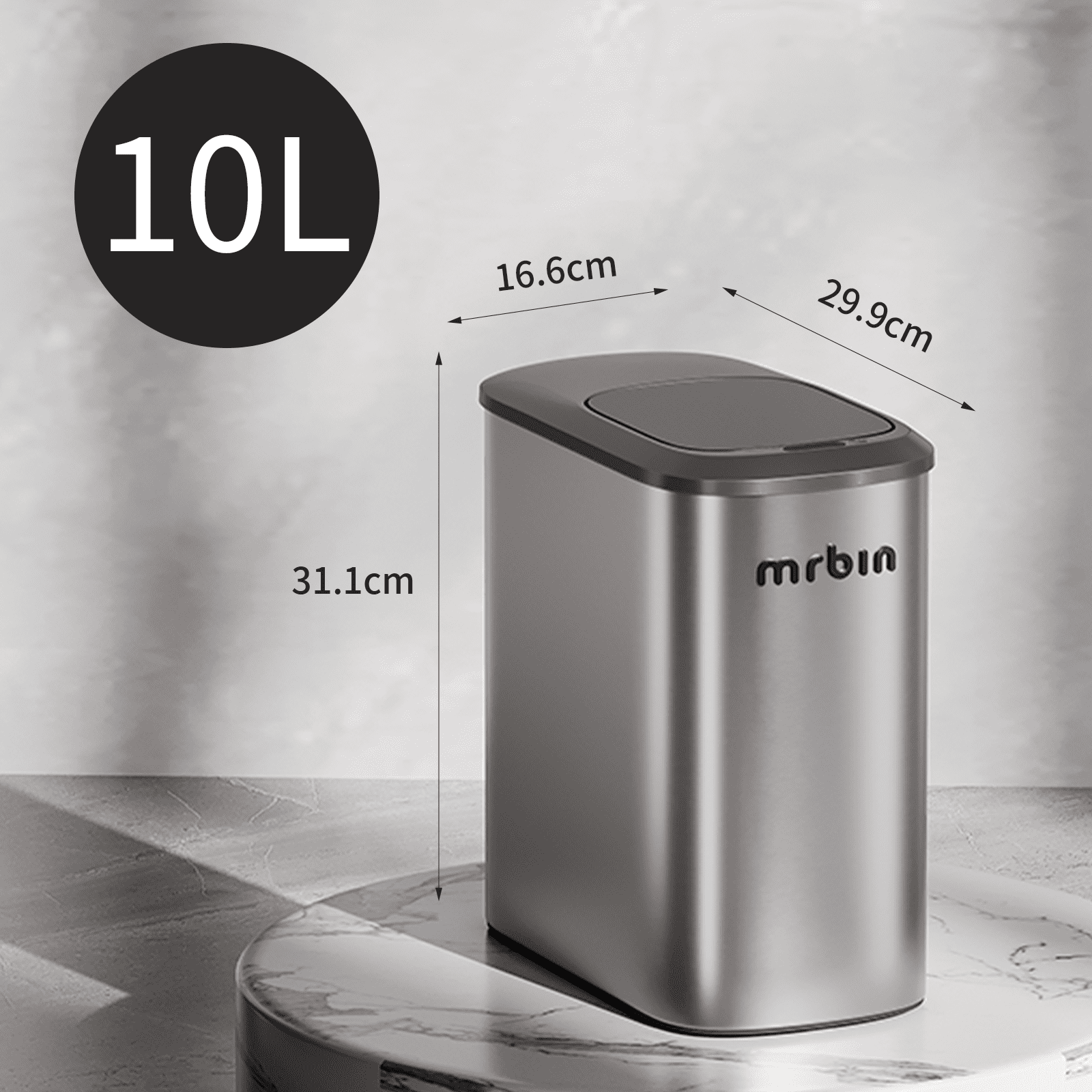 MRBIN Stainless Steel Motion Sensor Trash Can Bathroom, 10L / 2.6gal Slim Garbage Can with Lid Smart Trash Bin, Automatic Garbage Bin Touchless for Restroom, Vanity, Rv, Eclipse Grey