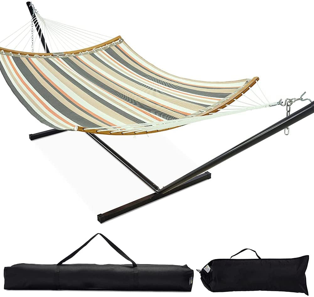 Perfect for Patio RED/Yellow 450lbs Capacity Includes Detachable Pillow and 2 Storage Bags SUPERJARE Double Hammock with 12 FT Steel Stand and Curved Spreader Bars Camping Indoor Outdoor 