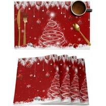 Placemats Set of 6, Cotton Linen Heat Table Mats Non-Slip Washable Merry Christmas Balls Red Pine Needles Snowflake Xmas Tree Placemat for Holiday Banquet Dining Kitchen Table Decor
