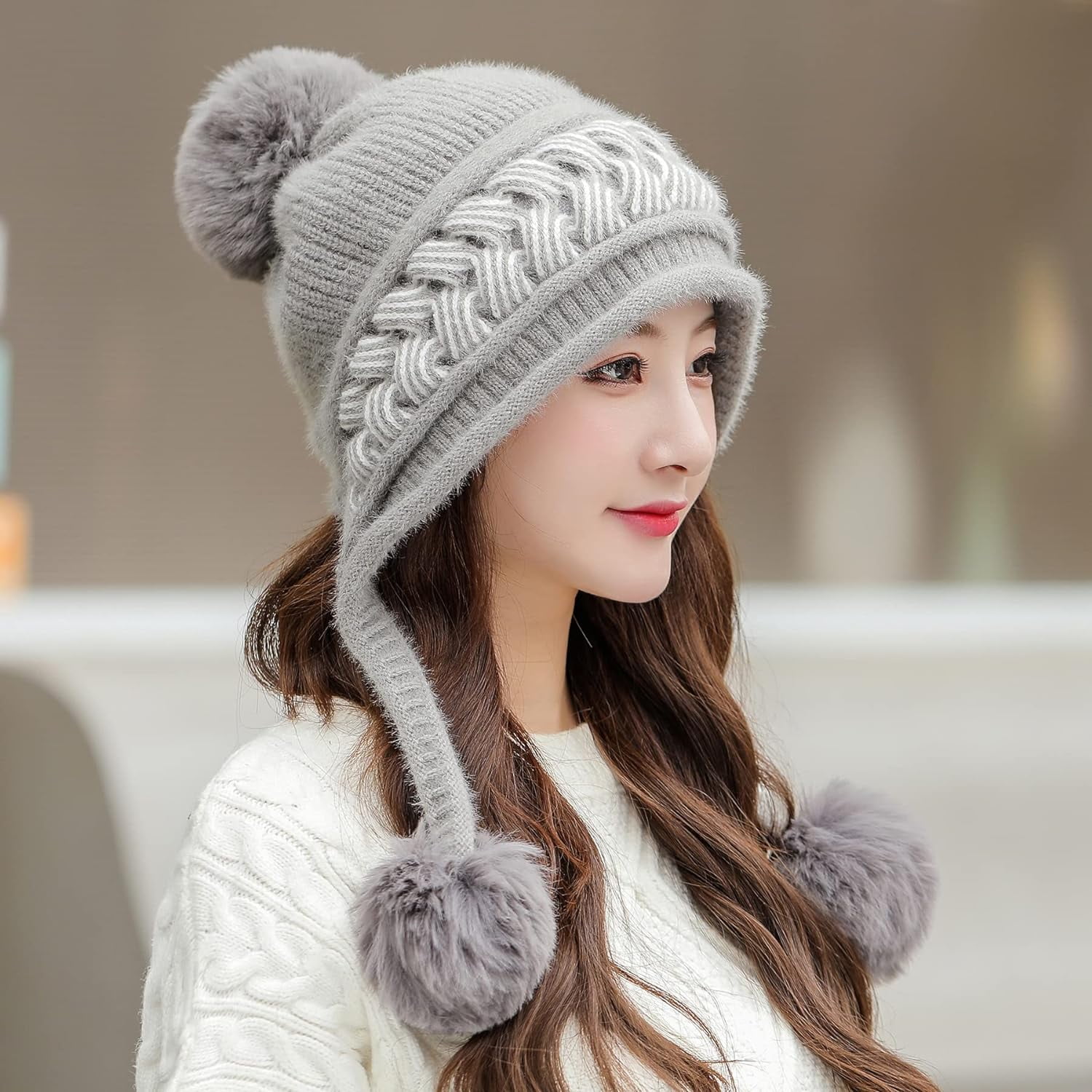 Zhengup Women Winter Peruvian Cover Ears Beanie Hat Ear Flaps Sherpa Ski Snow Hats Knit Fleece Lined 3 Pom Pom