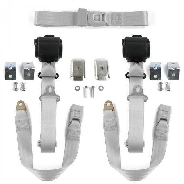 Standard 3 Point Gray & Grey Retractable Bench Seat Belt Kit with Bracketry for Early Cars 1900-1927 - 3 Belts