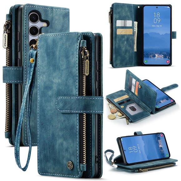 Étui CaseMe pour Samsung Galaxy S25 Étui Portefeuille pour Femmes Hommes, Mode Durable Cuir PU Magnétique Rabat Lanière Bracelet Fermeture Éclair Porte-Cartes Étui Portefeuille pour Samsung Galaxy S25 6.2 Pouces, Bleu