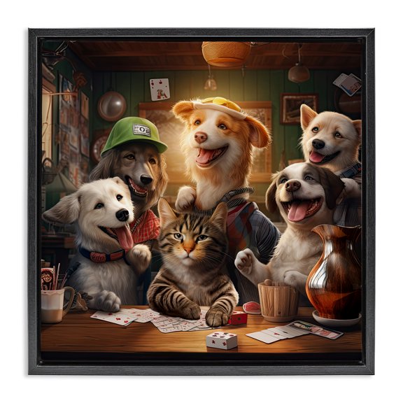 Stupell Industries Contemporary Animals Playing Card Games Black Floating Frame Canvas Art, 18 x 18, by Jim Baldwin