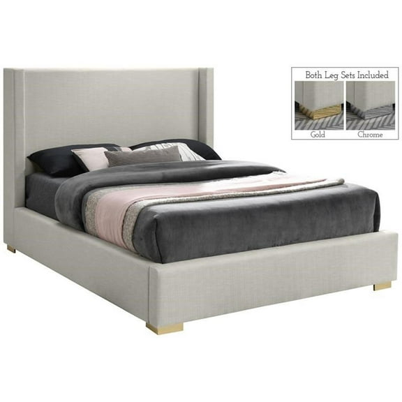 Maklaine Mid-Century Beige Finish Linen Textured Fabric Queen Bed