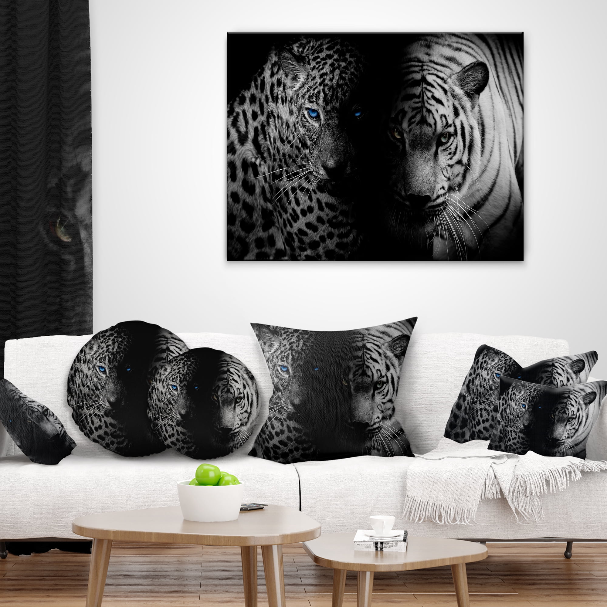 Designart Leopard and Tiger in Black - Animal Throw Pillow - 18x18