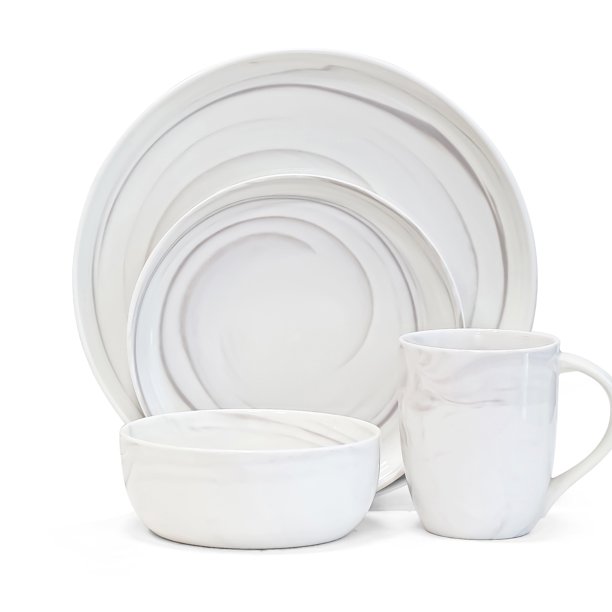 Over and Back 16 Piece Grey Porcelain Marble Dinnerware Set