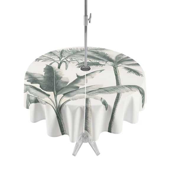 Outdoor Table Cloth with Umbrella Hole and Zipper, Vintage Palm Tree Waterproof Round Tablecloth 54 Inch, Tropical Beach Botanical Washable Table Cover for Outside Party Patio Picnic