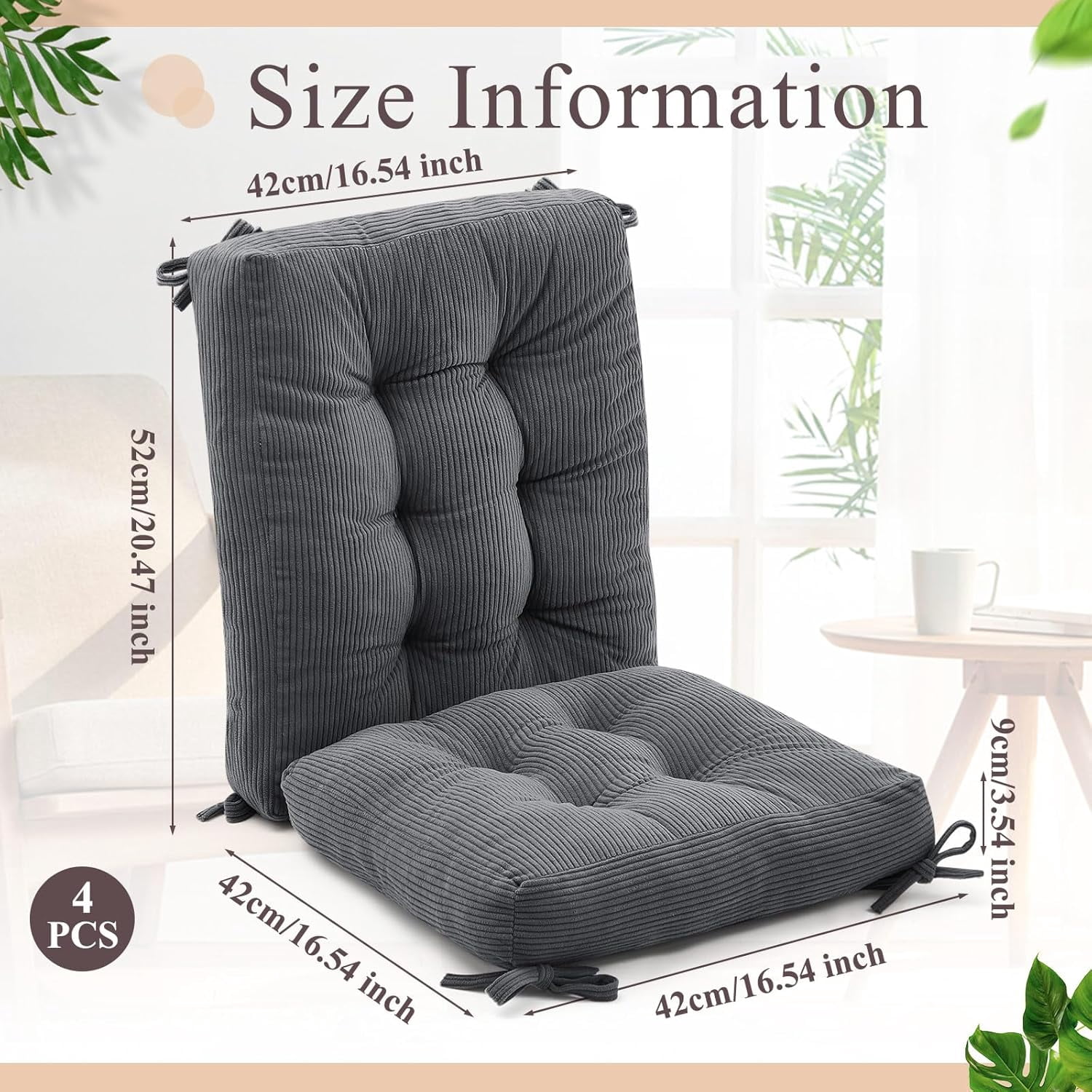 4 Set Outdoor Patio Chair Cushions Corduroy Seat High Back Tufted Pillow Replacement Rocking Patio Chair Pads for Outdoor Indoor Home Office(Dark Gray)