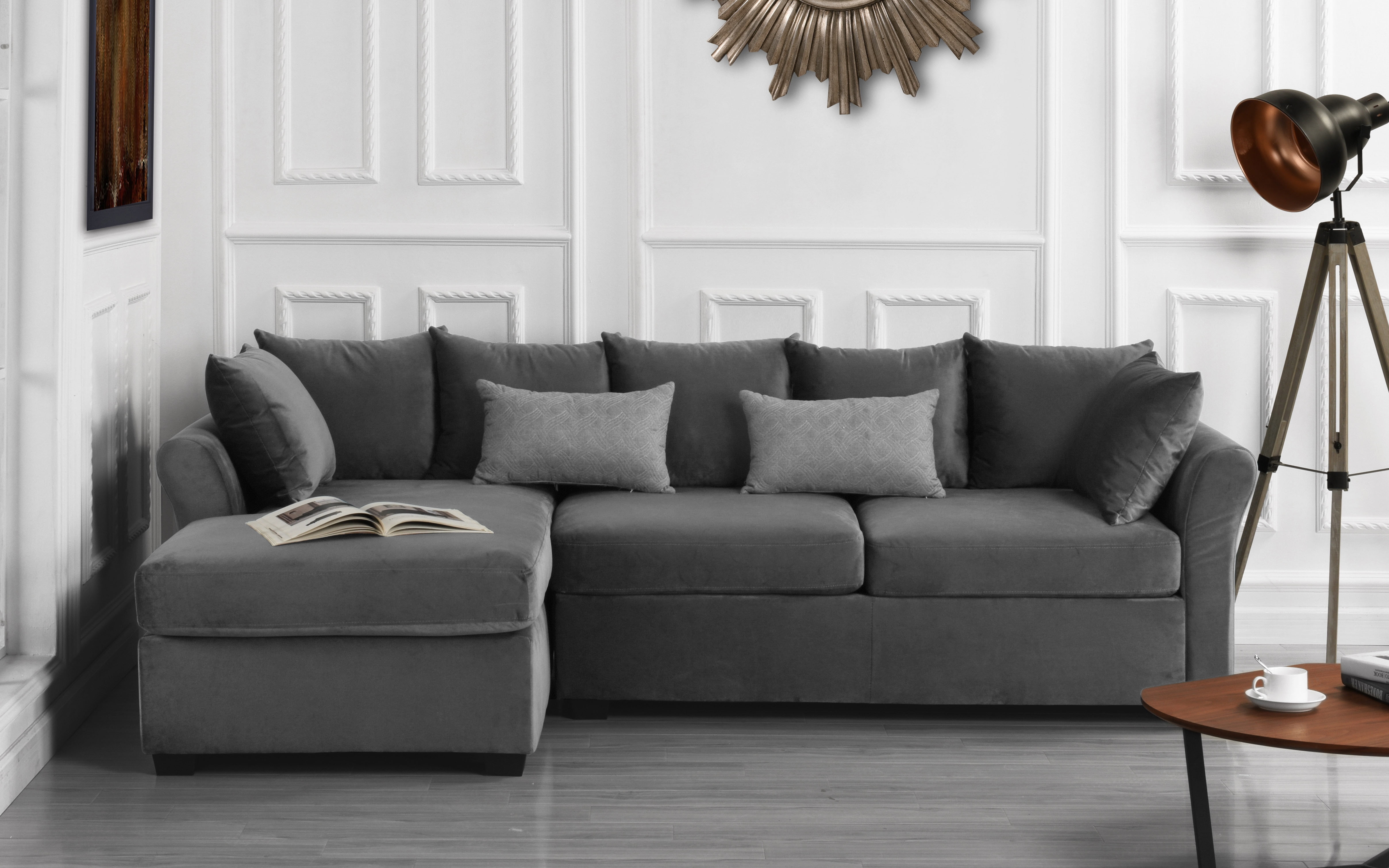 Modern Home Large Microfiber Velvet Sectional Sofa Dark Grey Walmart com