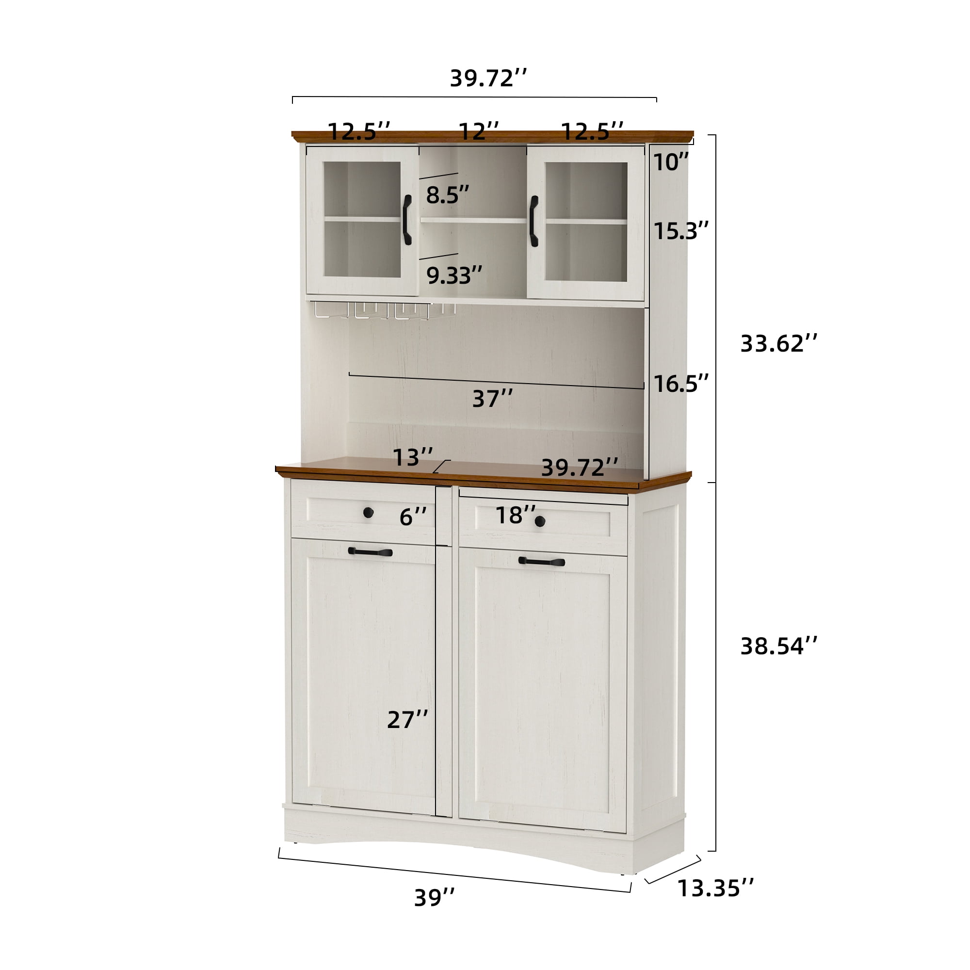 HARIPUL 2-in-1 Kitchen Trash Cabinet & Panty Cabinet, 26 Gallon Garbage Can, Freestanding Double Tilt Out Storage Cabinet w/ Shelves for Kitchen & Living Room, Antique White