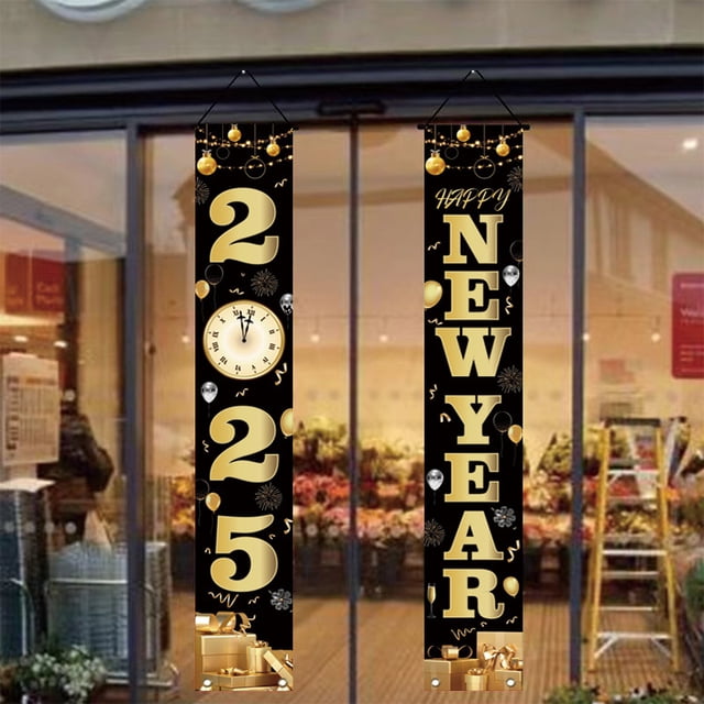 Black Happy New Year Banner Decorations – 2025 New Years Eve Porch Sign Outdoor Indoor Party Supplies Decors
