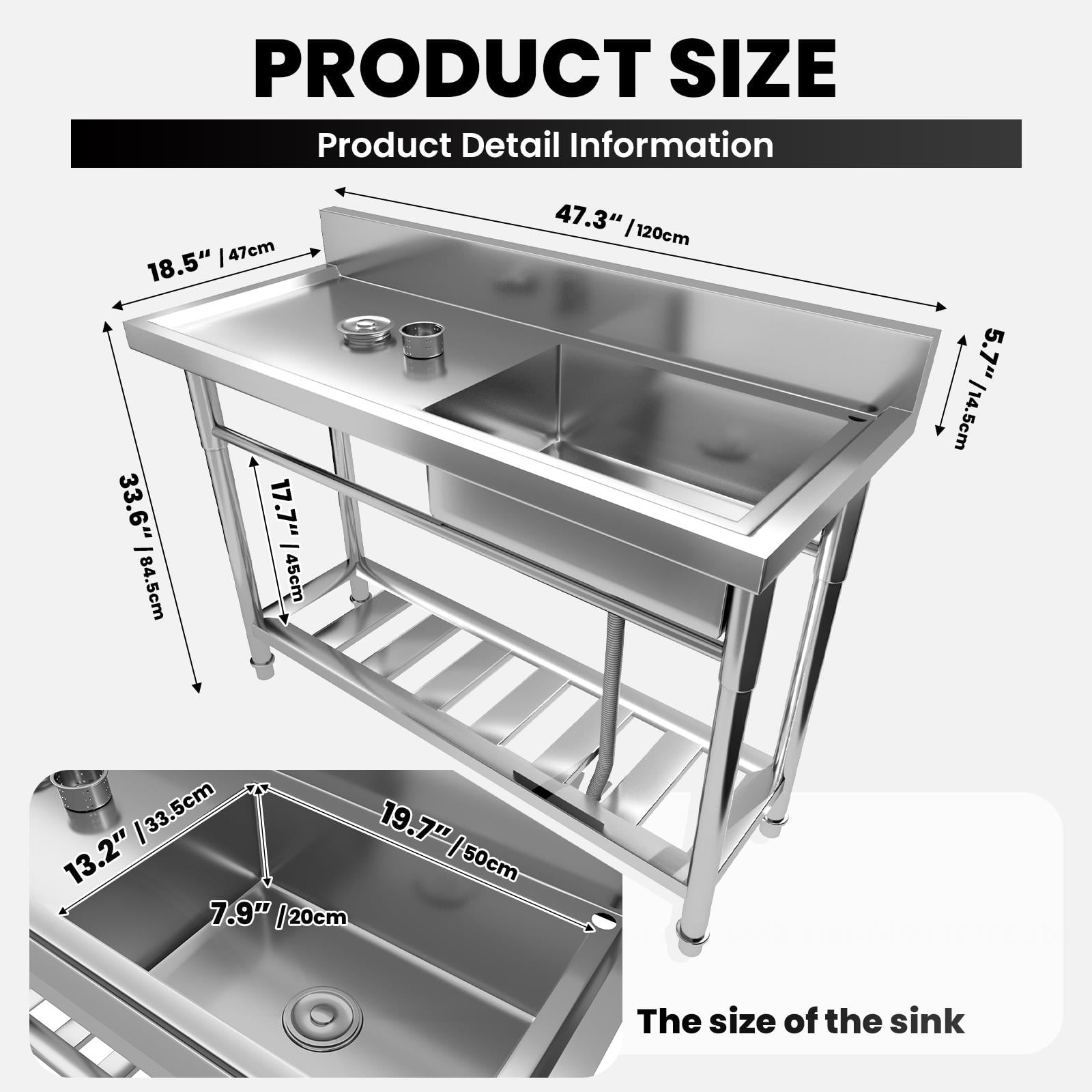 47In Stainless Steel Utility Sink,Free Standing Utility Sink With Faucet And Drawer Storage,1.2mm Thick 201 Stainless Steel,Stainless Steel Commercial Sink For Indoor Or Outdoor Use
