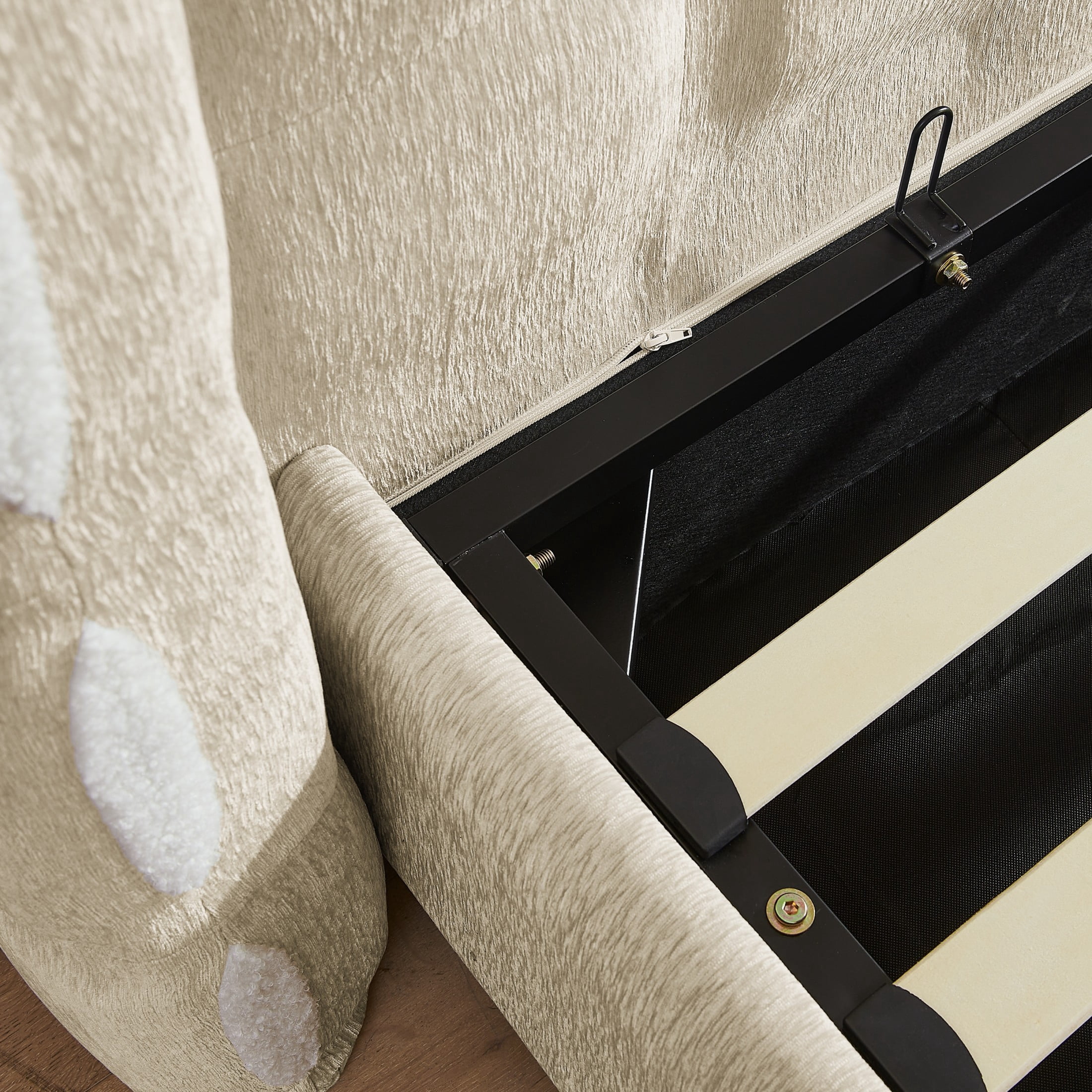 Noble House Elite King Size Upholstered Platform Bed with Removable Chenille Wingback and Under-Bed Storage, Khaki
