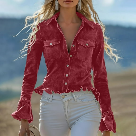 gbyLJF Womens Vintage Long Sleeve Shirts Solid Color Button Down Laple Blouse Casual Deerskin Velvet Ruffled Tops with Pockets
