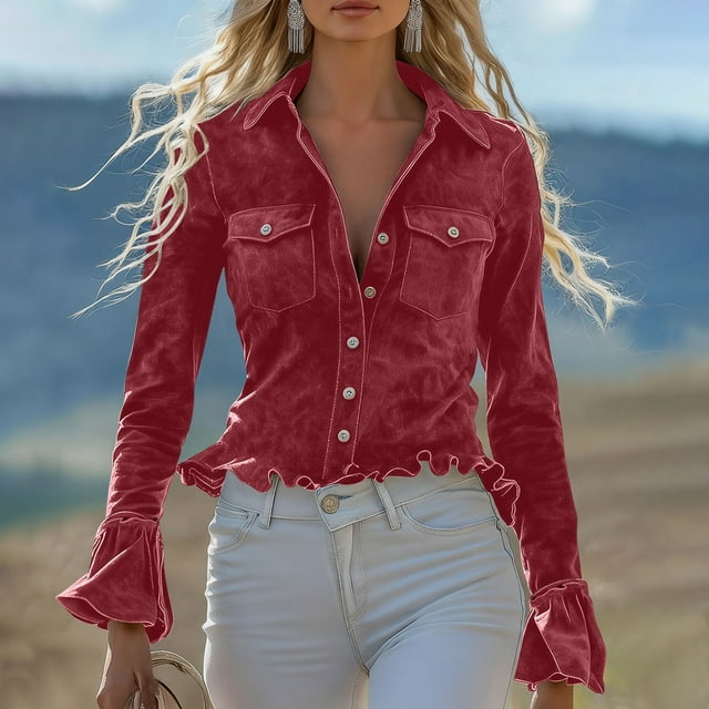 Ounisa Womens Winter Velvet Long Sleeve Button Down Casual Tops Shirts