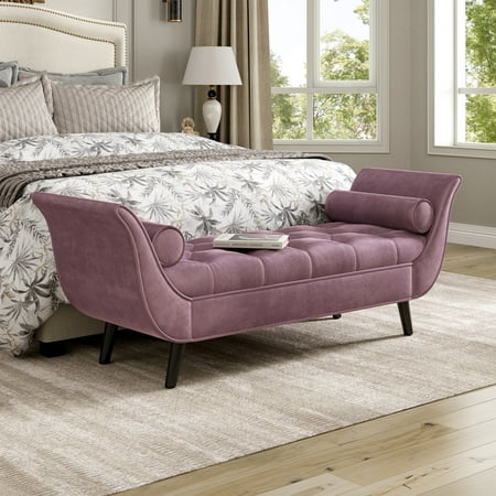 Christopher Knight Home 64.3" Upholstered Velvet Bench with 2 Pillows, Button Tufted Ottoman, Rolled Arms, Purple