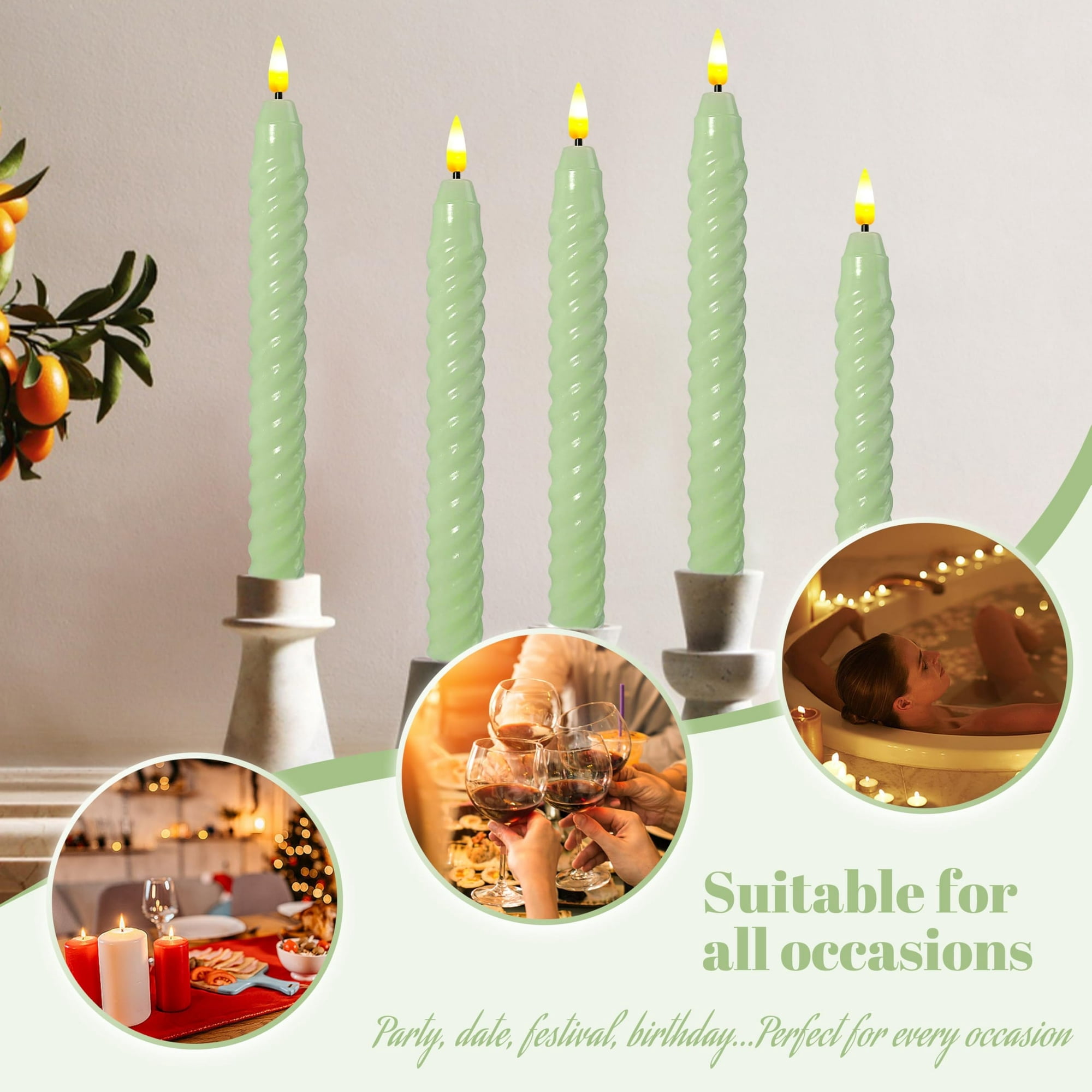 Green Spiral Flameless Taper Candles, 9.8 Inch Flickering Candles with Remote and Timer, Real Wax Candlesticks LED Battery Operated 3D Wick for Wedding Party Home Decor