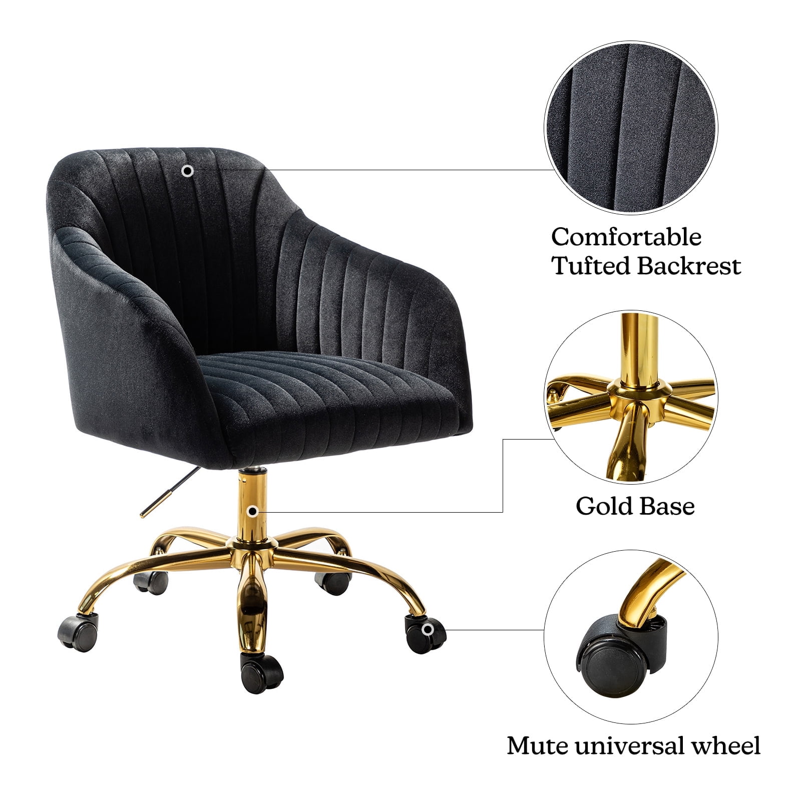 Velvet Office Desk Chair Rolling Vanity Armchair Swivel Adjustable Adult Bedroom Black