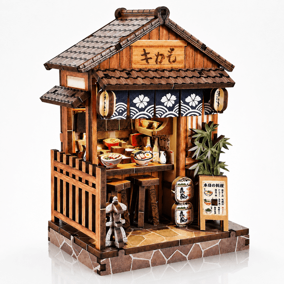 MOJINO Book Nook Kit for Adults, Warm Noren Food House DIY Miniature House Kit with LED Light, 3D Puzzle Bookshelf Decor for Desk & Reading Room