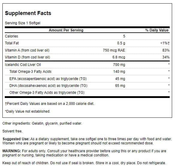 Swanson Cod Liver Oil - Double Strength 700 mg 250 Softgels