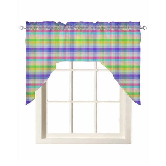 Slate Blue Plaid Swag Valances for Windows, Small Curtains Drapes, Colorful Vintage Check Farmhouse Kitchen Window Curtains Over Sink Rod Pocket Window Treatment Valance for Bedroom/Bathroom 56"x36"