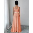 thumbnail image 2 of Coral Pink Sleeveless V-Neck Lace Bodice Cinched Waist A-Line Maxi Party Dress For Women, 2 of 6