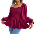 thumbnail image 3 of Blusa Tipo Babydoll de Larga con Cuello Cuadrado, Fruncido, Dobladillo con Volantes y Peplum Fruncido para Mujer. Vino Tinto L, 3 of 10