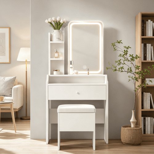 Vanity Set with Smart LED Mirror, Makeup Table with 3 Color Lighting, Storage & Charging Station – Compact Dressing Table for Bedroom, Dorm & Small Spaces, White