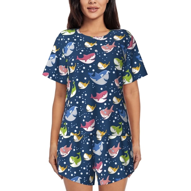 Fotbe Colorful Cartoon Shark Conjunto de Pijama Estampado para Mujer, 2 Piezas, Ropa de Dormir con Camiseta de Manga Corta y Shorts Suaves-4X-Large