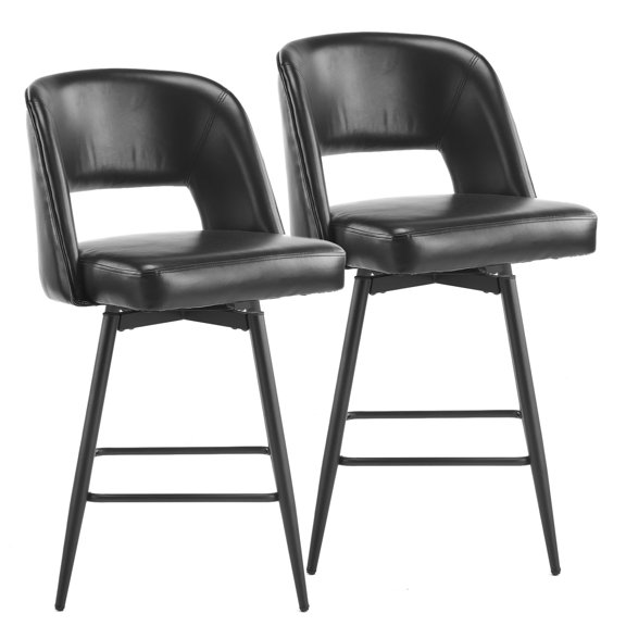 LiteHaven Modern Bar Stools Set of 2, PU Swivel Barstools with Open Backrest & Metal Legs, Upholstered Counter Height Bar Chairs for Kitchen Island Dining Room,Black