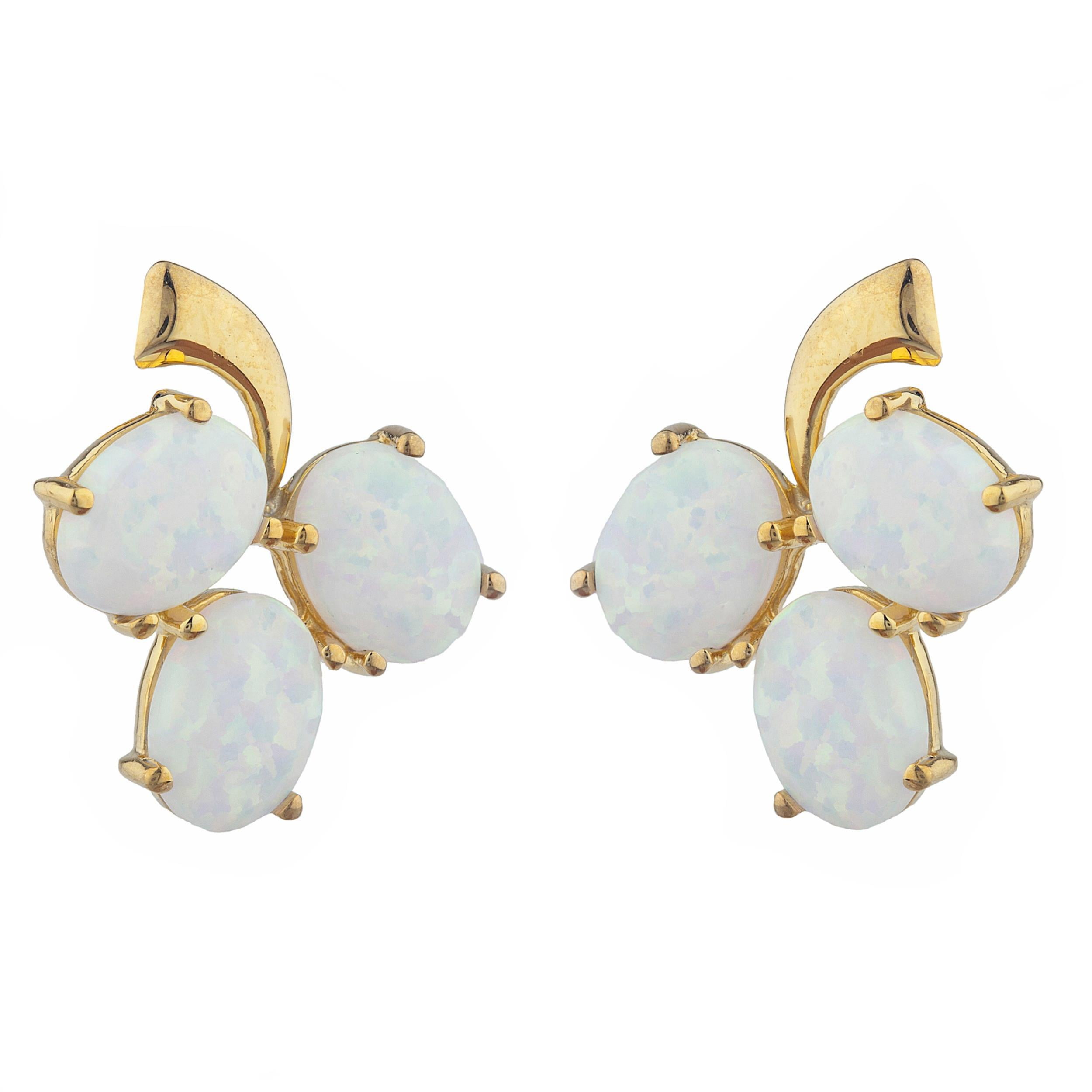 14Kt Yellow Gold Plated Genuine Opal Oval Design Stud Earrings