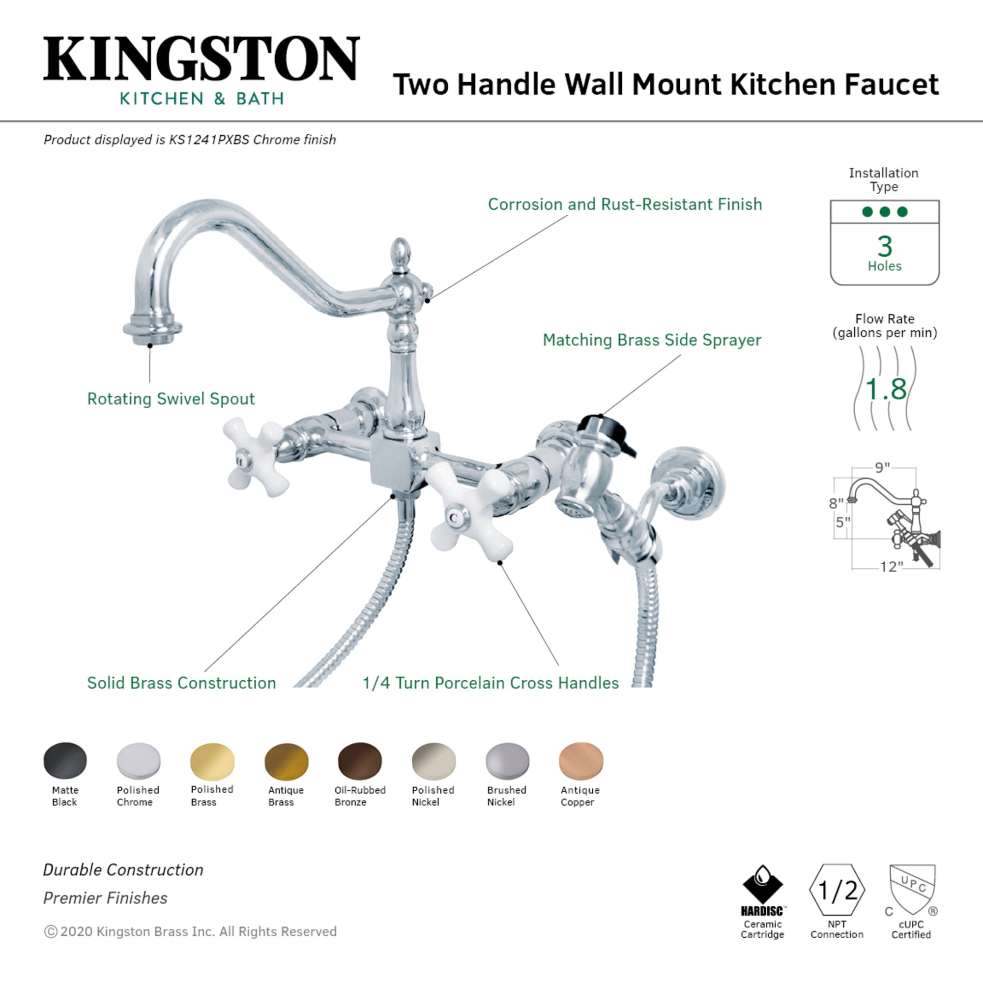 Kingston Brass KS124PXBSAC Heritage Double-Handle Wall-Mount Bridge Kitchen Faucet with Brass Sprayer, Antique Copper