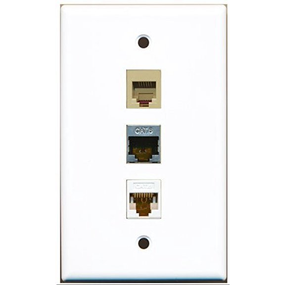 RiteAV - 1 Port Phone RJ11 RJ12 Beige and 1 Port Shielded Cat6 Ethernet and 1 Port Cat6 Ethernet White Wall Plate