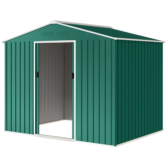 8' x 6' Outdoor Metal Garden Storage Shed, Galvanized Steel Tool House with Sloped Roof, Lockable Double Sliding Doors & Vents, Green, for Backyard, Patio, or Lawn Equipment